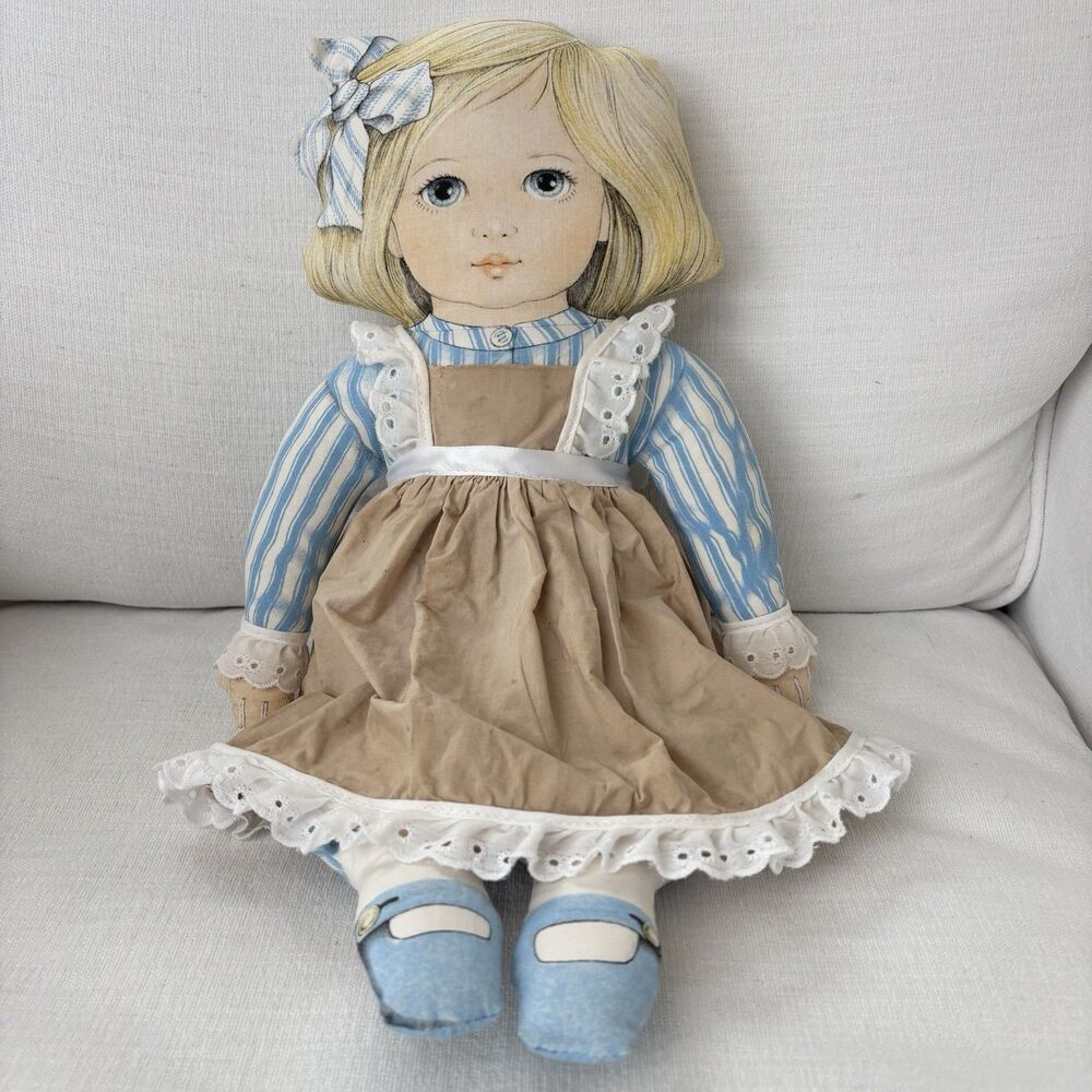 Vtg Cloth Plush Doll 1984 Toy Works Valerie Leonard Blue Stripes Pinafore Blonde